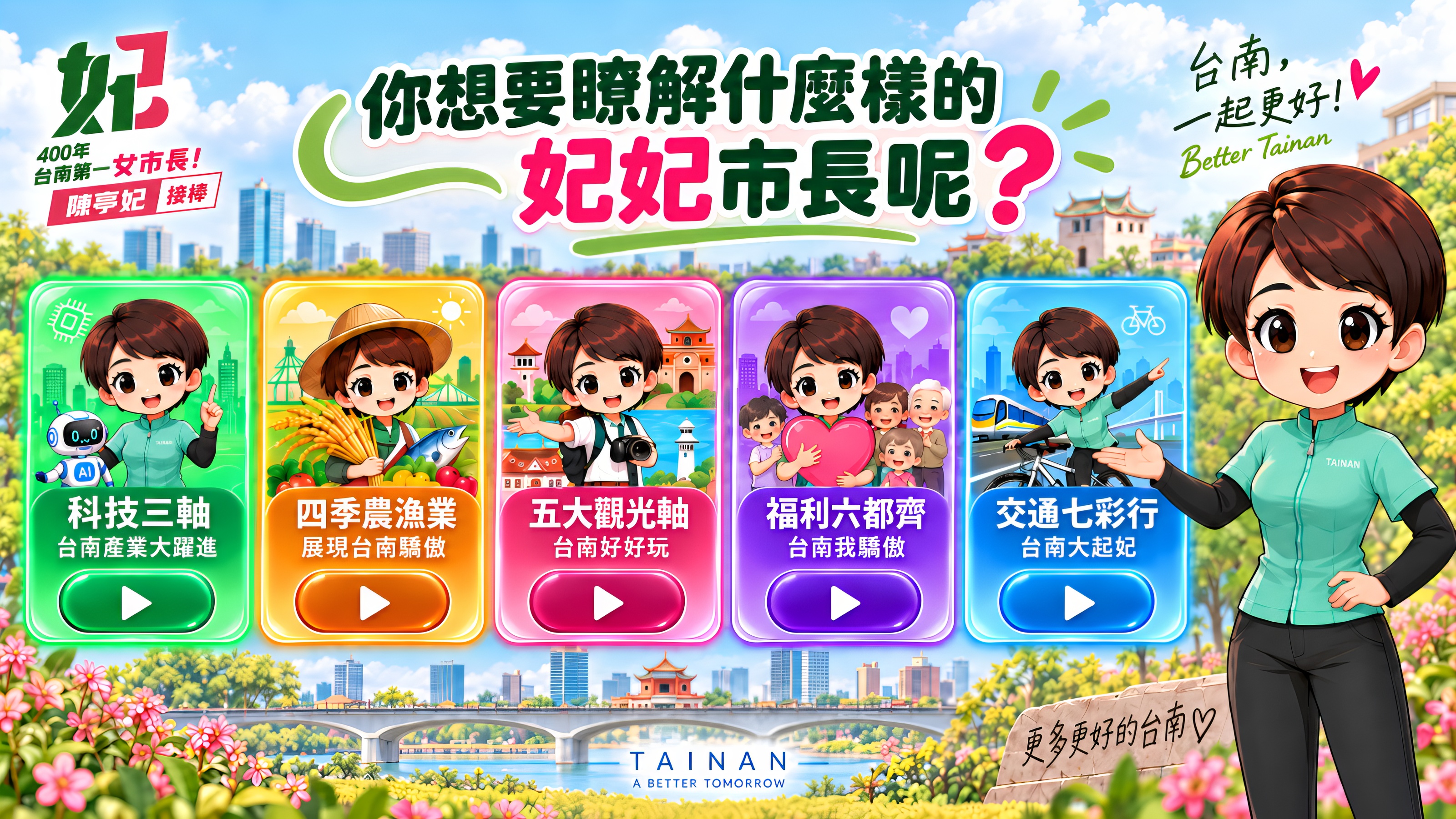 你想要瞭解什麼樣的妃妃市長呢？科技三軸、四季農漁業、五大觀光軸、福利六都齊、交通七彩行五支政策影片